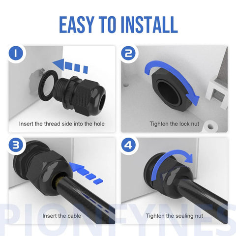 Installation steps for 50Pcs Half Inch NPT Cable Glands Waterproof Adjustable 6 to 12mm Nylon PA66 IP68 with gaskets.