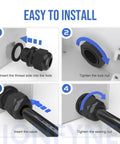 Installation steps for Waterproof Nylon Cable Glands 3/8 NPT Adjustable 4 To 8mm with gaskets, showing insertion and tightening process