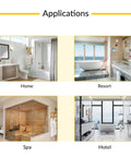 Application examples for glass wall mount full back plate brass hinges in home, resort, spa, and hotel settings