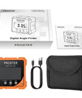 Top Notch Rechargeable Digital Angle Finder With Twin Laser Alignment And Rock Solid Magnetic Base For Carpenters And DIY Hustlers Demanding Dead On Precision On Every Tight Job Site, includes USB cable and carrying case.