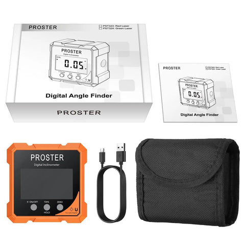 Top Notch Rechargeable Digital Angle Finder With Twin Laser Alignment And Rock Solid Magnetic Base For Carpenters And DIY Hustlers Demanding Dead On Precision On Every Tight Job Site, includes USB cable and carrying case.