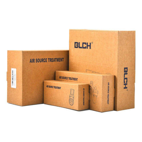 Pro Grade 1/4 Inch NPT Air Compressor Dryer packaging with brown boxes labeled 'Air Source Treatment' and 'BLCH' logo.