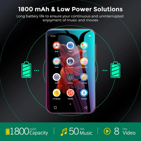 72GB MP3 Player With Bluetooth And 4.0 Inch Full Touchscreen showing app icons and battery life, black