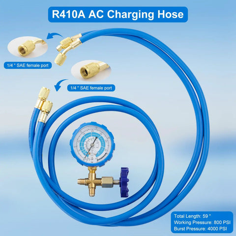 Must Have AC Refrigerant Charging Hose Kit With 59 Inch Low Pressure Hose And Gauge Set R410A Mini Split Adapter close-up