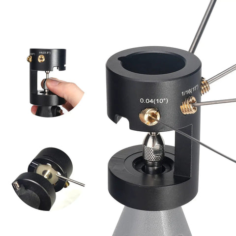 Close-up of Heavy Duty Aluminum Tungsten Electrode Sharpener Grinder for TIG Welding with open column design and CNC mandrels.