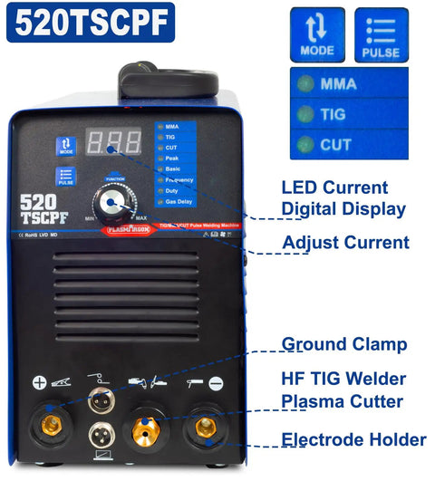 Front view of 3 In 1 Plasma Cutter And TIG Welder With Pulse Stick, 520TSCPF Combo, showing digital panel and controls.