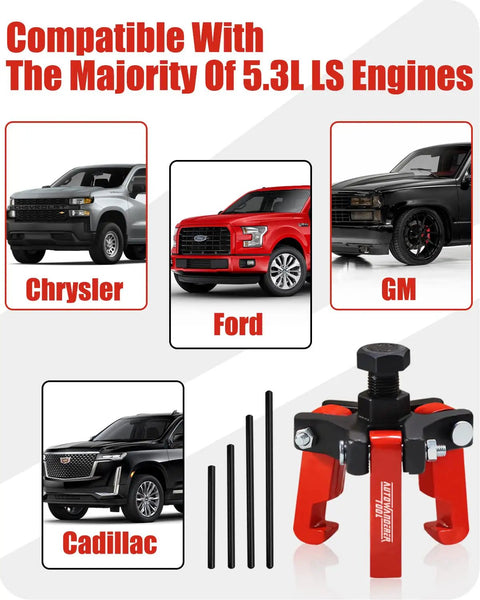 Harmonic Balancer Puller Kit with 3-jaw puller and forcing rods shown with Chrysler, Ford, GM, Cadillac compatibility.