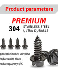 Badass Rustproof 304 Stainless Steel License Plate Screws, Heavy Duty Shock Resistant Bolt Set, Universal Car Truck Van Mounting Hardware, Black Finish, Gearhead Approved, four black screws.