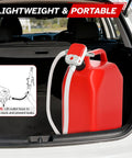 No Sweat Portable Fuel Transfer Pump With Smart Auto Stop Shutoff 3.8 Gallons Per Minute, red fuel can in car trunk.