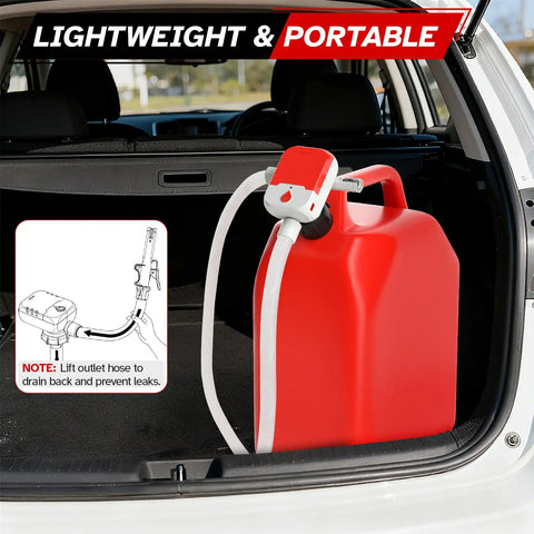 No Sweat Portable Fuel Transfer Pump With Smart Auto Stop Shutoff 3.8 Gallons Per Minute, red fuel can in car trunk.
