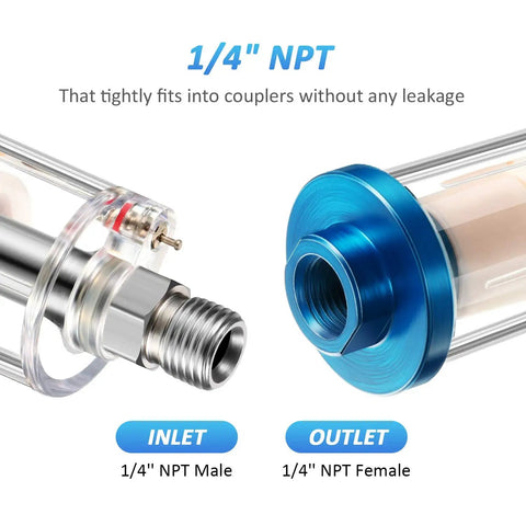 Detailed image of 1/4 inch NPT inlet and outlet of Triple Pack Compressed Air Filter And Water Oil Separator for airbrush use.