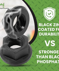 M8 X 1.25 Black Zinc Plated Flange Nuts 10 Piece Set Heavy Duty Self Locking Fasteners shown with durability comparison.