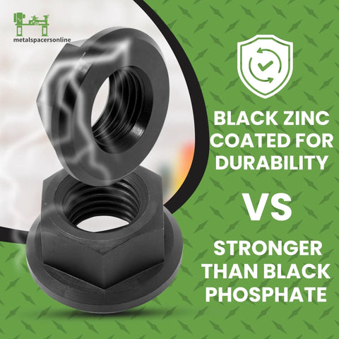 M8 X 1.25 Black Zinc Plated Flange Nuts 10 Piece Set Heavy Duty Self Locking Fasteners shown with durability comparison.