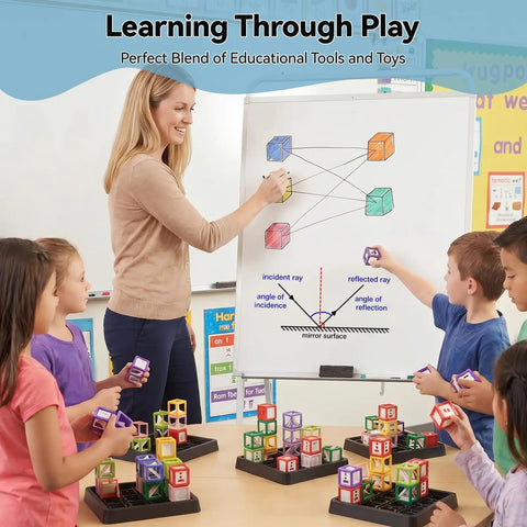 Teacher demonstrating Laser Maze STEM Logic Toy For Kids Ages 8 To 13, 60 Plus Challenges Puzzle Games To Boost Spatial Thinking