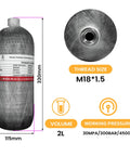 Carbon Fiber Paintball HPA Air Tank 2L 122 Cu In 4500 PSI PCP System With Dual Gauge Valve And 24 Inch High Pressure Hose Dual Quick Disconnect M18x1.5 Thread with dimensions and thread size shown.
