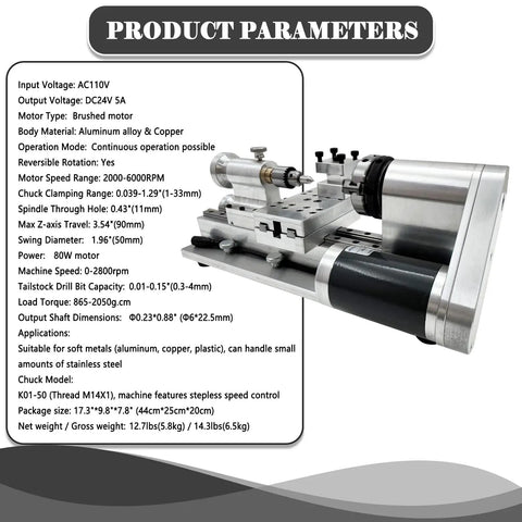 Straight Shooting Compact Mini Lathe Machine Featuring Variable Speed DC Motor Turning Wood Aluminum And Plastics Benchtop Workhorse Hella Versatile For Quick DIY Crafts And Tiny Models with product parameters.