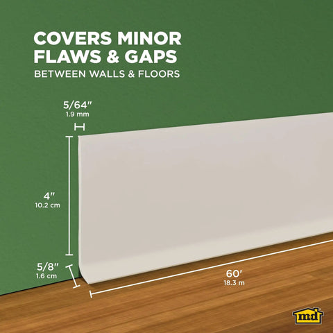 4 Inch By 60 Feet Dry Back Vinyl Wall Base With Toe Flexible Molding Trim For Floors And Baseboards Almond Color Easy Install Durable Finish shown against a green wall covering minor flaws and gaps.