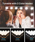 Woman using Hollywood Style Vanity Mirror Lights with 14 Dimmable Bulbs showing 3 Color Temperature Settings and brightness levels.
