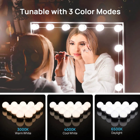 Woman using Hollywood Style Vanity Mirror Lights with 14 Dimmable Bulbs showing 3 Color Temperature Settings and brightness levels.