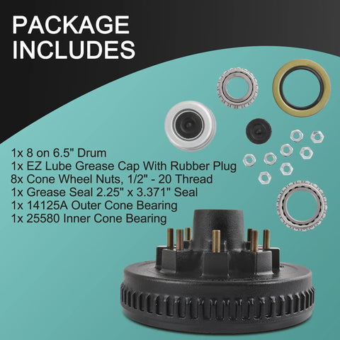 Beefed-Up 12 Inch By 2 Inch Trailer Brake Drum Kit For 8 On 6.5 Inch Hubs 7000 Lb Axles Heavy Duty Drum Assembly With 1/2-20 Studs