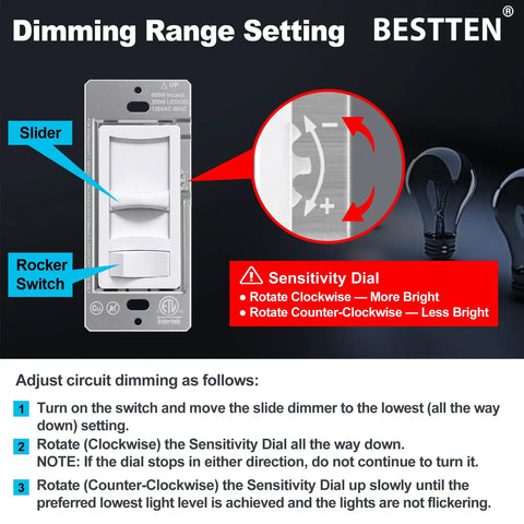 Dimming settings for Ultra Slim Dimmable Light Switch Six Pack For LED CFL Halogen And Incandescent Bulbs Single Pole Or 3 Way ETL Listed White