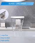 3-Hole 8 Inch Widespread Brushed Nickel Bathroom Faucet with Waterfall Spout, 2-Handle Vanity Sink, water flowing into sink