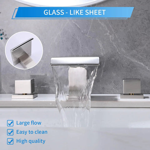 3-Hole 8 Inch Widespread Brushed Nickel Bathroom Faucet with Waterfall Spout, 2-Handle Vanity Sink, water flowing into sink