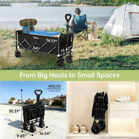 Extra Long Collapsible Utility Wagon Cart With All Terrain Wheels Heavy Duty 480 Lb Haul Capacity Foldable Grocery Cart