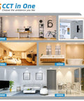 5 CCT settings displayed with various room ambiances showing Premium 6 Inch Led Recessed Lights 24 Pack Featuring Adjustable 5Cct Settings.
