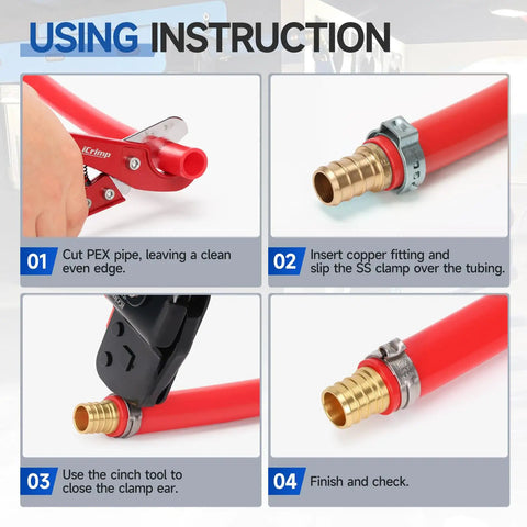 Instruction steps for using One Hand PEX Cinch Tool Kit With Cutter And Go No Go Gauge Includes Twenty Half Inch Clamps And Ten Three Quarter Inch Clamps In A Molded Case Meets ASTM F2098 All In One Crimping Set For Home Plumbing