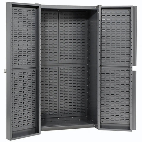 Built Like A Tank Industrial Storage Cabinet, Real Deal For Garage Organization. Open view of grey cabinet with louvered backing.