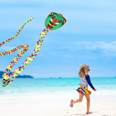 Long Snake Kite For Adults And Families Large Outdoor Beach Sport Kite With Gold Foil Detailing in flight at beach
