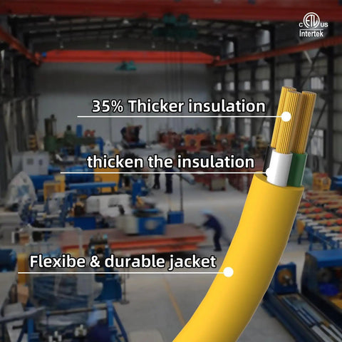Cross-section view of Heavy Duty 12 Gauge Outdoor Extension Cord with thicker insulation, flexible jacket in factory setting.