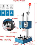Bad Workhorse Manual Arbor Press Rock Solid 1100 Lb Capacity with blue finish and detailed measurements for precision work.