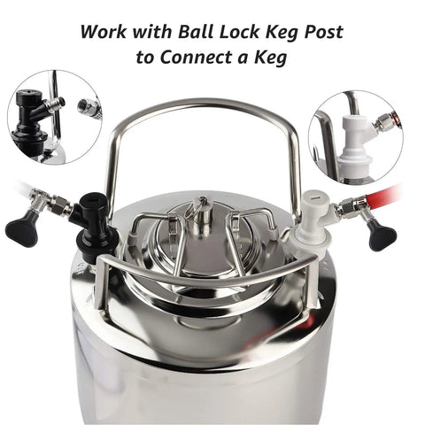 Two Pairs Ball Lock Disconnect Kit With MFL Quick Disconnect Swivel Nuts For Easy Hose Swaps Includes 5/16 Inch Gas And 1/4 Inch Liquid Barb Fittings For Your Homebrew Kegging Setup, shown on Cornelius keg