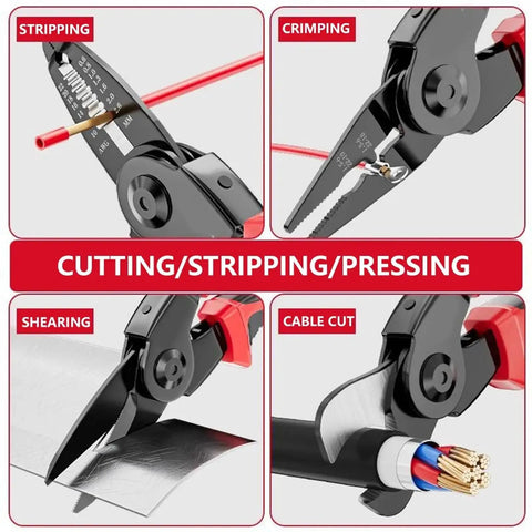 5 In 1 Pliers Set Built Tough For Cutting Sheet Metal And Wires With Stripping, Crimping, Cable Cutting, Soldering, And Wire Cutting Tools Durable Steel Home Repair Kit For DIY Projects showing stripping, crimping, cutting.