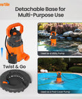 Smart Auto Pool Cover Pump Quarter HP 2160 GPH With detachable base for multi-purpose use in pools and outdoor areas.