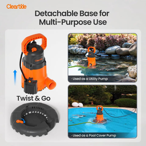 Smart Auto Pool Cover Pump Quarter HP 2160 GPH With detachable base for multi-purpose use in pools and outdoor areas.