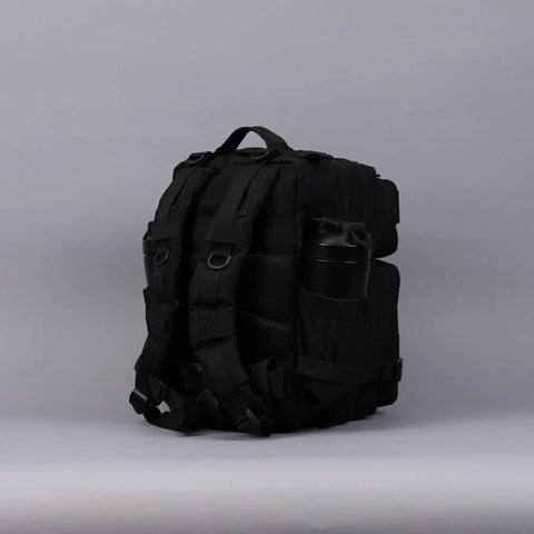 Rear view of 25L Tactical Gym Backpack Nightshade Edition With 1000D Waterproof Oxford Fabric, showing straps and dual cup holders
