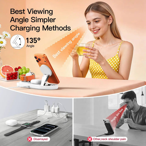 Woman using All In One 5W Fast Magnetic Wireless Charger Stand For iPhone 12 13 14 15 16 17 AirPods And Watch MagSafe