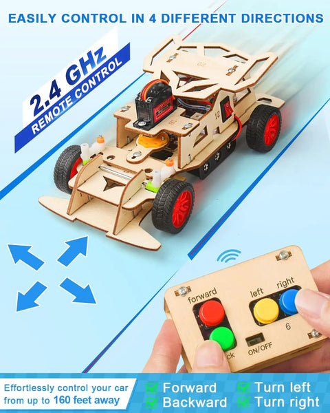STEM Kits For Kids 8 To 12 Remote Control Car Build Kit With Wooden 3D Puzzles showing 4-directional remote control