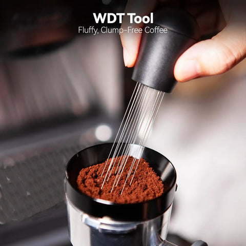 Level Up Your Home Cafe Setup With This Premium 58Mm Espresso Tamper And Coffee Distributor Bundle Including A Sharp WDT Tool For Even Distribution And Nailed Every Single Pull. Close-up of WDT tool stirring coffee grounds.