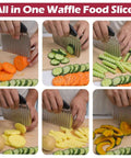 Crinkle cutter with handle; stainless steel six-panel collage shows slicing carrots, cucumbers, and potatoes.