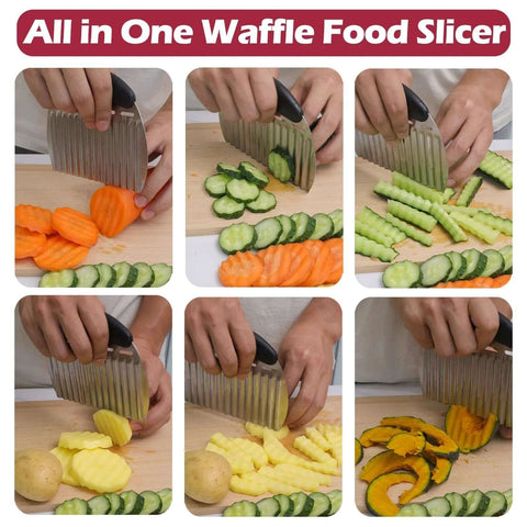 Crinkle cutter with handle; stainless steel six-panel collage shows slicing carrots, cucumbers, and potatoes.