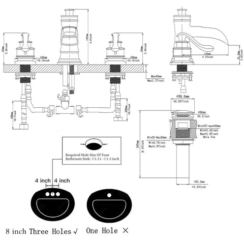 Installation diagram for Brushed Nickel Waterfall Widespread Bathroom Faucet 8 Inch, Two Handle 3 Hole Lavatory Tap