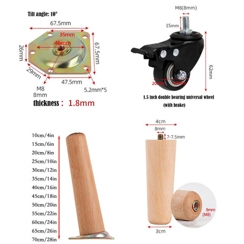 Heavy Duty Solid Wood Table Legs With Lockable Rolling Casters Tapered Furniture Base Natural Finish Smooth Glide Quick Lock Roll Setup Sturdy Desk Or Dining Support Set Of Four Pieces 28 Inches Tall