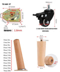 Heavy Duty Wooden Table Legs Set Of Four Rock Solid Tapered Design With Smooth Rolling Casters And Secure Brakes, showing caster dimensions and wood leg specifications.
