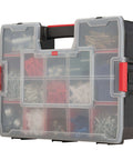 14 Compartment Storage Organizer With Removable Dividers For Customizable Small Parts And Tools Stackable With Side Latches And Interlocking Lid For Secure Transit Keeping Gear Neat Accessible And Grab And Go front view