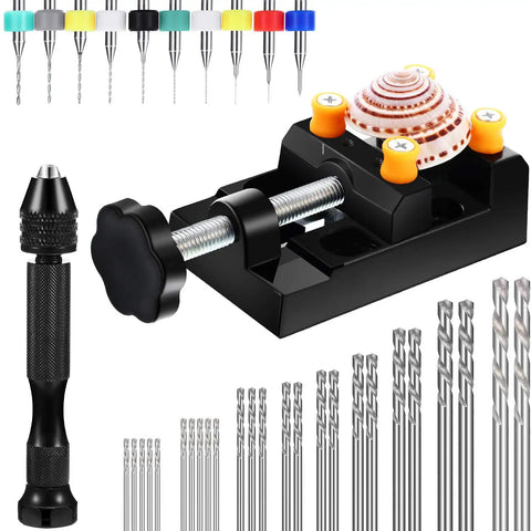 37 Piece Hand Twist Drill Tool Set With Pin Vise Mini Drill Bits And Bench Vise For Craft Carving Resin DIY Jewelry Making 0.3-1.2 Millimeter Range Super Handy For Detail Work At Home