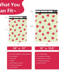 Image showing fitting guide for Strawberry Print 12x15.5 Inch Poly Mailers Pack Of 50 Self Sealing Waterproof And Tear Resistant Shipping Bags For Small Business Easy Zip Closure Lightweight Durable Packaging For Ecommerce Shipments.